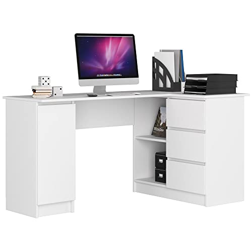 AKORD Eck-Schreibtisch B-20 mit 3 Schubladen, 2 Ablagen und einem Regalfach mit Tür | Schreibtisch | ecktisch | Eck Schreibtisch für Home Office | Einfache Montage | B155 x H77 x T85, 60 kg Weiß