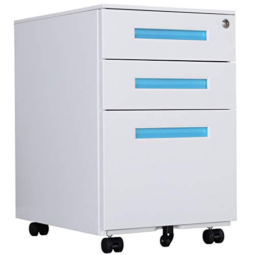 Aktenschränke, Büro-Rollcontainer,Rollcontainer, inkl. 3 Schübe Bürocontainer mit Anti-umkippen-mechanismus für A4, Mobilen, Abschließbar ; 39cm B x 50cm L x 60cm H, JLB021-B