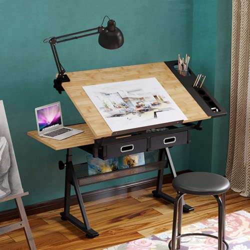 Dripex Zeichentisch höhenverstellbarer Schreibtisch mit kippbarer Tischplatte für Architekten und Künstler, neigbar Architektentisch mit Hocker und 2 Schubladen für Büro Arbeitszimmer
