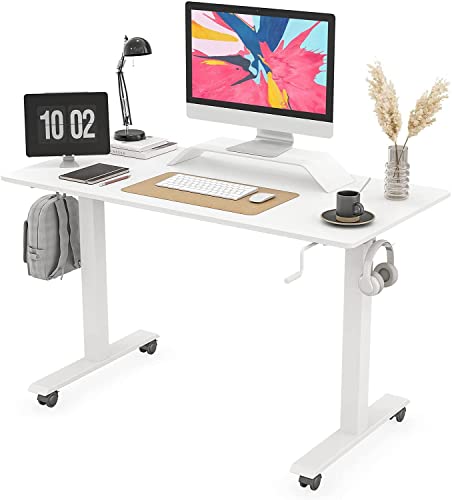 FEZIBO Kurbel höhenverstellbarer Schreibtisch, 120 x 60 cm manueller Stehschreibtisch, Schreib Tisch mit Griff, Home Office Schreibtisch mit weißer Rahmen/weiße Tischplatte