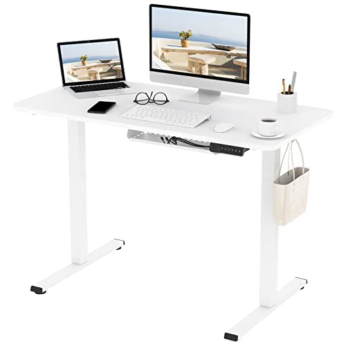 FLEXISPOT Basic Plus Elektrisch Höhenverstellbarer Schreibtisch mit Ladebuchsen mit Tischplatte 2-Fach-Teleskop, Sitz- & Stehpult mit Memory-Steuerung (Weiß)