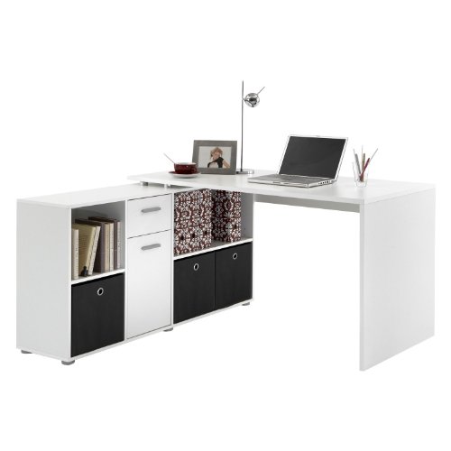 FMD Möbel 353-001 Schreibtisch-Winkelkombination Tisch ca. 136 x 75 x 68 cm, Regal ca. 137 x 71 x 33 cm, Weiß