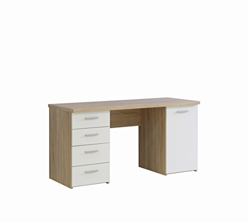 FORTE Net106 Schreibtisch mit 4 Schubkästen und 1 Tür, Holz, sonoma eiche + weiß, 145 x 60 x 76.3 cm