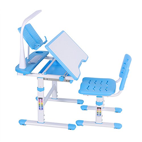 GOTOTOP Kinderschreibtisch mit Stuhl Schülerschreibtisch, Schreibtisch und Stuhl Kind höhenverstellbar ergonomisches Design mit Augenschutzlampe und Leseständer Möbelraum Kreativität Lernen Blau