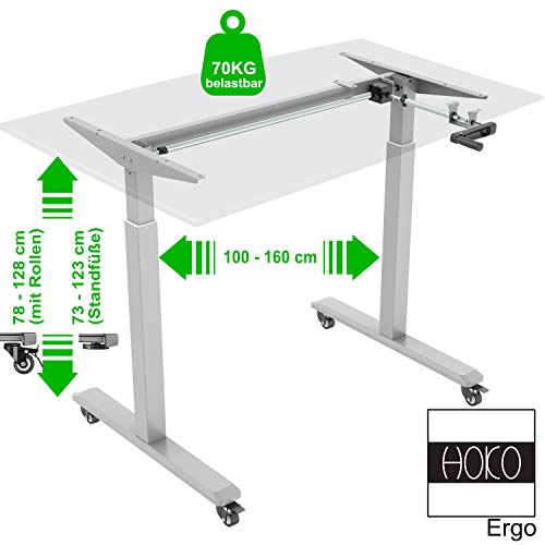 HOKO® Ergo-Work-Table Höhenverstellbarer Schreibtisch Basic Grau, manuell höhenverstellbar, für Tischplatten ab 2,5cm. Inkl. Rollen und Standfüße. Ergonomisches Arbeiten im Sitzen und im Stehen!