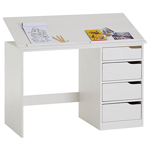 IDIMEX Kinderschreibtisch aus massiver Kiefer in weiß, praktischer Schreibtisch mit neigungsverstellbarer Tischplatte, schöner Jugendschreibtisch mit 4 Schubladen