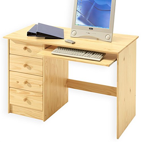 IDIMEX Kinderschreibtisch Schülerschreibtisch MALTE Schreibtisch mit Tastaturauszug und 4 Schubladen, Kiefer massiv Natur lackiert