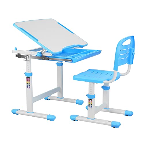 Kinderschreibtisch Höhenverstellbarer Schüler Schreibtisch und Stuhl Set für Schüler Jugend Kinder mit Ausziehbarer Schublade-Blau