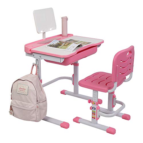 Kinderschreibtisch, Kinderschreibtisch höhenverstellbar Schreibtisch Kinder mit Stuhl und Schublade Ergonomisches Design mit kippbaren Desktop-Schubladen Aufbewahrung (Pink)