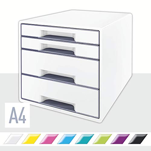 Leitz CUBE Schubladenbox mit 4 Fächern, Perlweiß/Grau, A4, Inkl. transparentem Schubladeneinsatz, WOW, 52132001