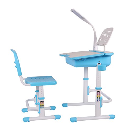 Leomark Ergonomisch SMART Kinderschreibtisch - Blaue Farbe -Schreibtisch mit Schublade und Stuhl höhenverstellbar für Kinder + LED Lampe in jedes Kinderzimmer