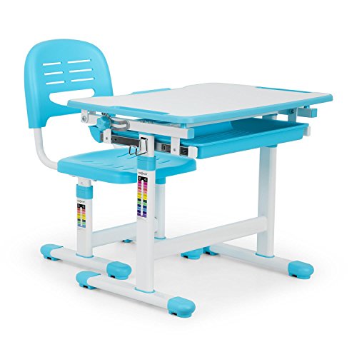 OneConcept Tommi - Kinderschreibtisch-Set, für Kinder 3-10 Jahre, zweiteilig, Tisch und Stuhl, neigbare Tischplatte, Kippwinkel 0-40°, Oberfläche ohne Blend- / Reflexionseffekte, blau