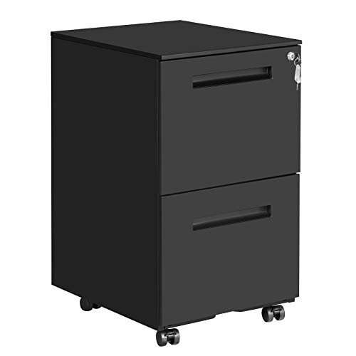 SONGMICS Rollcontainer, mobiler Aktenschrank mit 2 Schubladen, abschließbar, für Bürodokumente, vormontiert, 39 x 50 x 69,5 cm (L x B x H), Mattschwarz OFC52BK