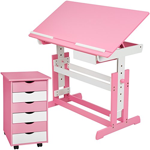 TecTake 800062 Kinderschreibtisch mit Rollcontainer Schreibtisch neig- & höhenverstellbar -Diverse Farben- (Pink | Nr. 401240)