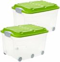 Rotho Roller 6 2er-Set Aufbewahrungsbox 57l mit Deckel und Rollen, Kunststoff (PP) BPA-frei, transparent/grün, 2 x 57l (60,0 x 40,0...